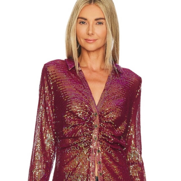 BNWT! Free People Sheer Sequin Shirtee Top in Dark Rhubarb Size XS - Picture 2 of 6